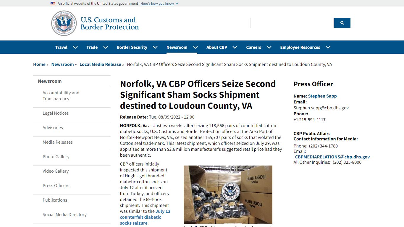 Norfolk, VA CBP Officers Seize Second Significant Sham Socks Shipment ...